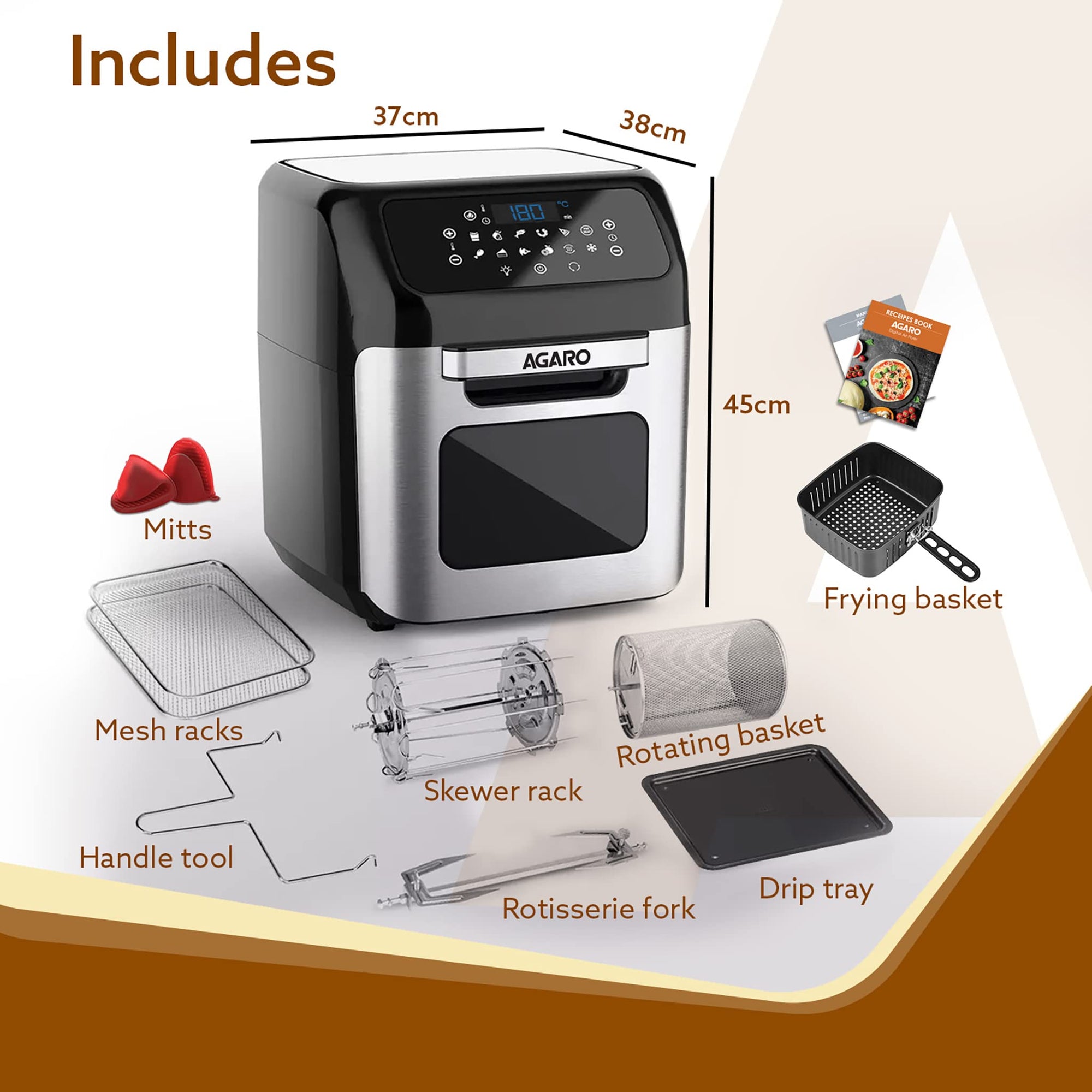 AGARO Regency Air Fryer,12 Liters,Family Rotisserie Oven,1800W Electric Air Fryer Toaster Oven,Tilt Led Digital Touchscreen,9 Presets Menu For Baking, Roasting,Toasting Etc,With Accessories, Silver
