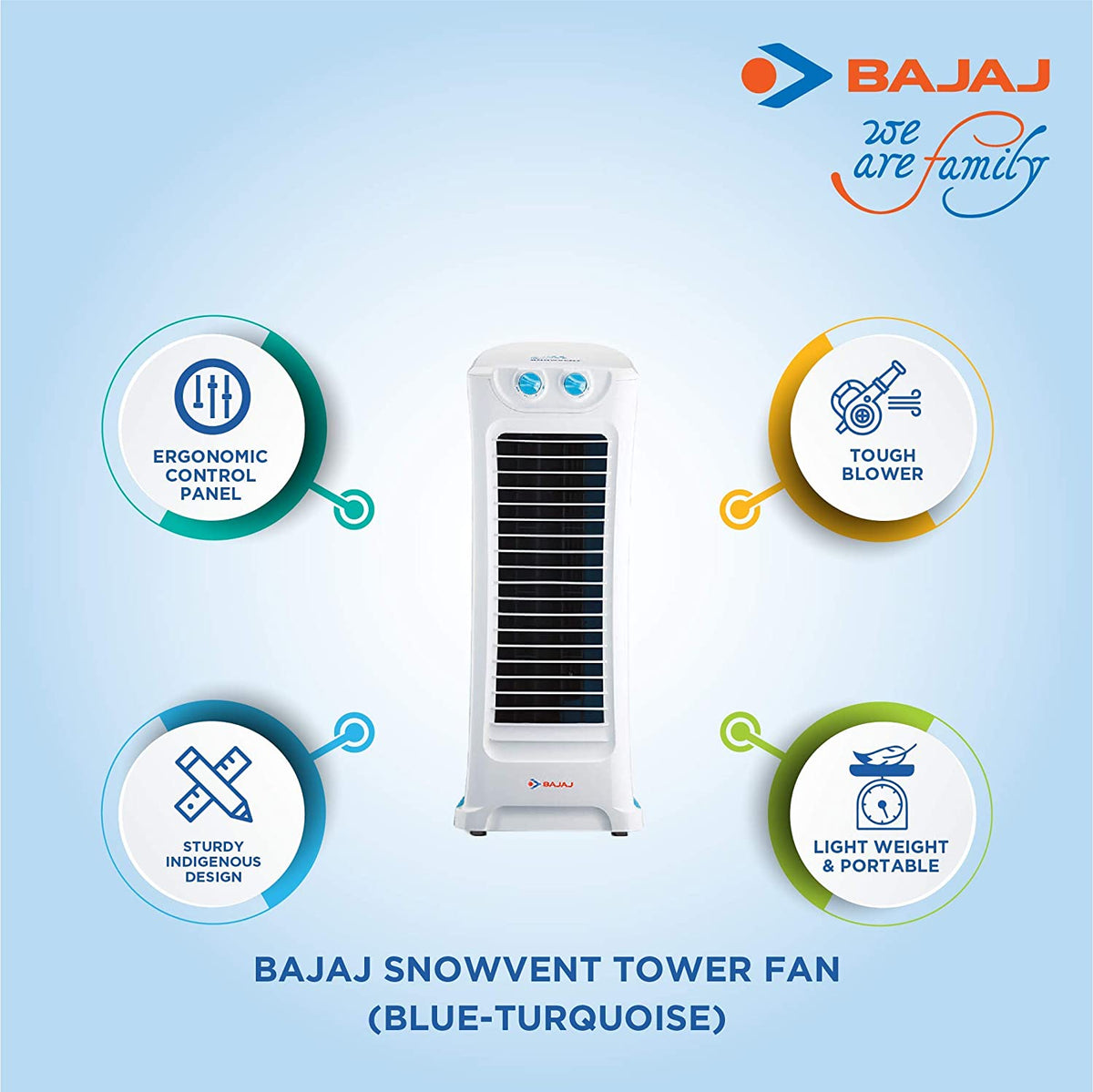Bajaj Snowvent Blue-Turquoise Tower Fan