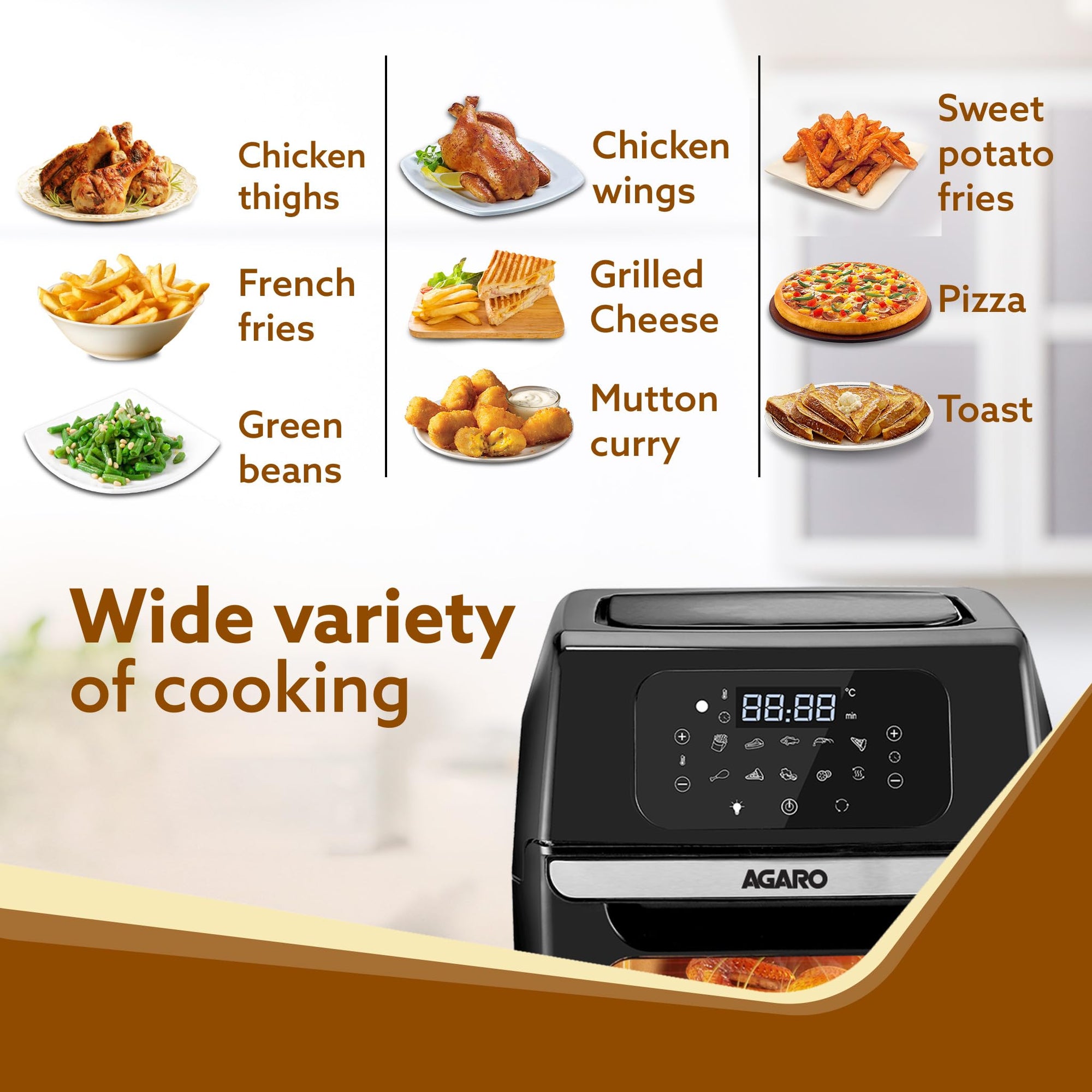 AGARO Prima Digital Air Fryer For Home, 12 liters, Electric Oven, 1800W, 9 Preset Programs, Keep Warm Function Digital Panel,Fry, Bake, Roast, Toast, Black