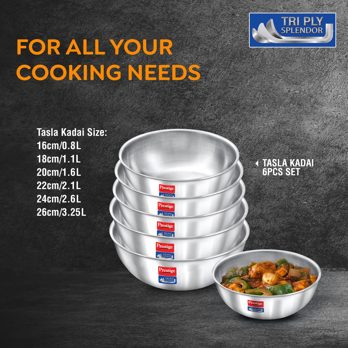 Prestige 6 PC Tri ply Tasla Kadai Set | 304 Food Grade Stainless Steel