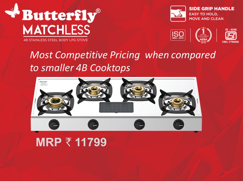 Butterfly Matchless Stainless Steel 4 Burner LPG Gas Stove | Manual ignition