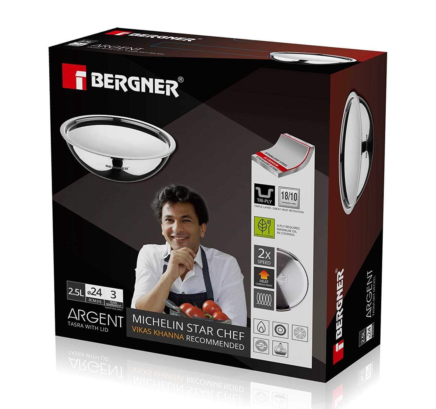 Bergner Argent Triply Stainless Steel Tasra with Lid - KITCHEN MART