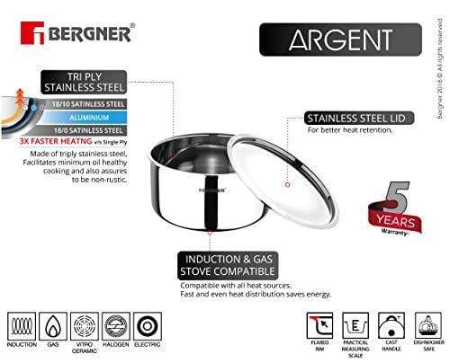 BERGNER Argent Triply Stainless Steel Tope with Stainless Steel Lid, Induction Base - KITCHEN MART