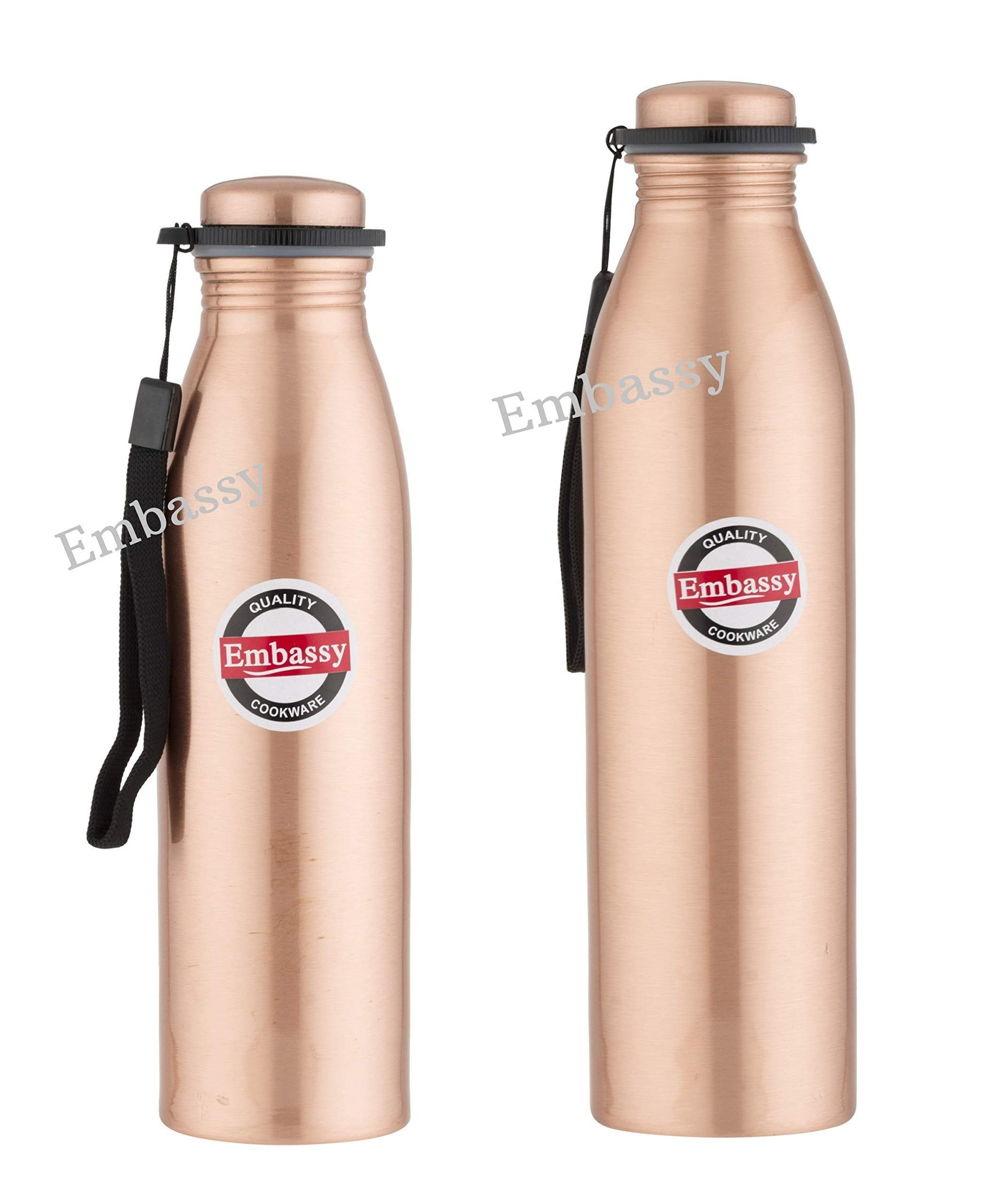 Embassy Premium Copper Water Bottle, Plain, Set of 2, 600 ml and 1000 ml - Leak-Proof, Jointless and Pure Copper - KITCHEN MART