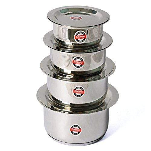 Embassy Sandwich Bottom Topes with Lid, Set of 4 (Sizes 11-14) - 1250, 1750, 2200 &amp; 2750 ml (Stainless Steel) - KITCHEN MART