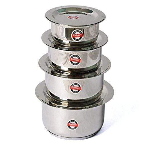 Embassy Sandwich Bottom Topes with Lid, Set of 4 (Sizes 11-14) - 1250, 1750, 2200 & 2750 ml (Stainless Steel) - KITCHEN MART