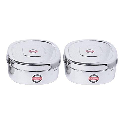 Embassy Square Puri Box/Container - Pack of 2 (Size 6, 900 ml each), Stainless Steel - KITCHEN MART