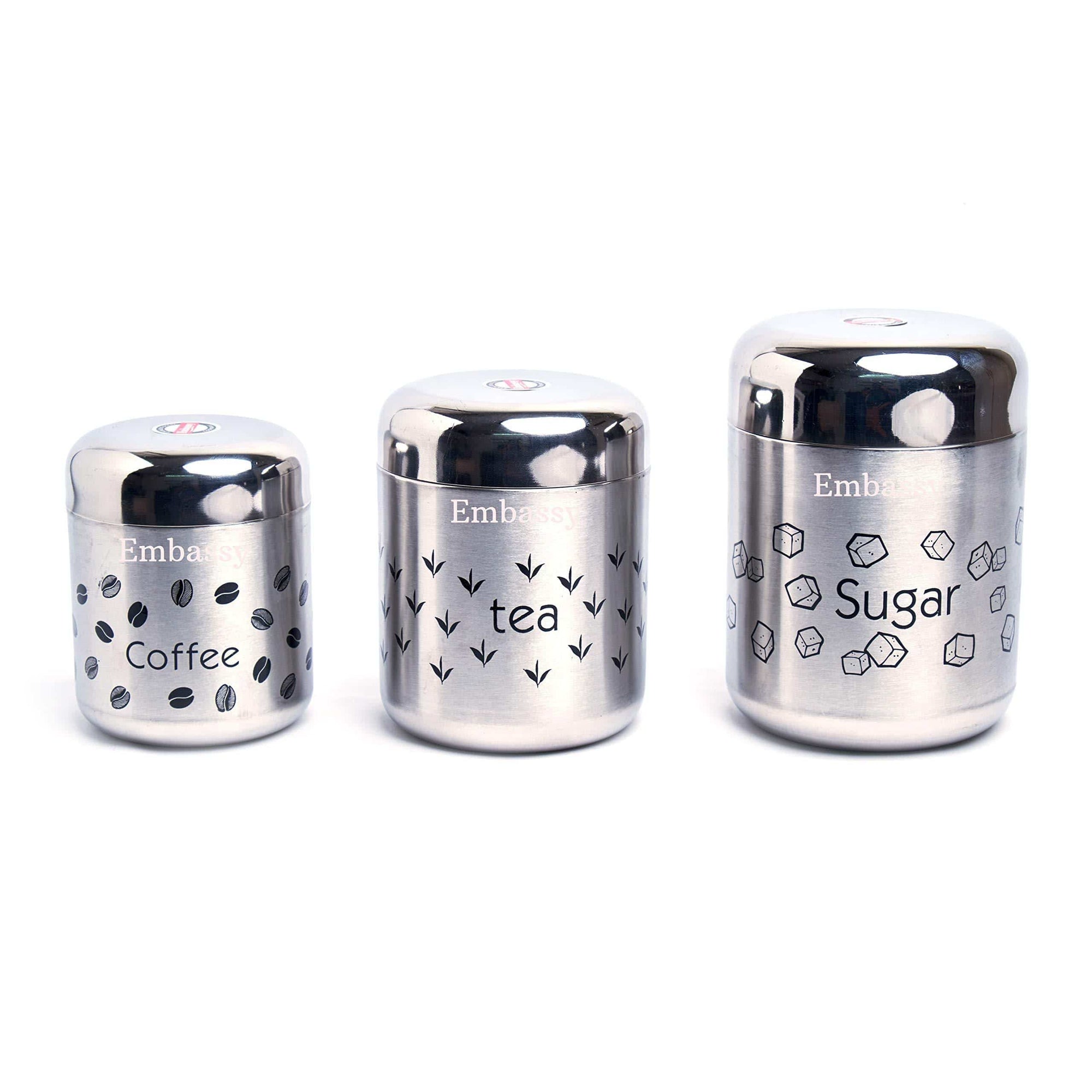 Embassy Stainless Steel Vintage Tea Coffee Sugar Canisters, Set of 3; Approximate Capacity: Tea - 700 ml, Coffee - 500 ml, Sugar - 900 ml - KITCHEN MART