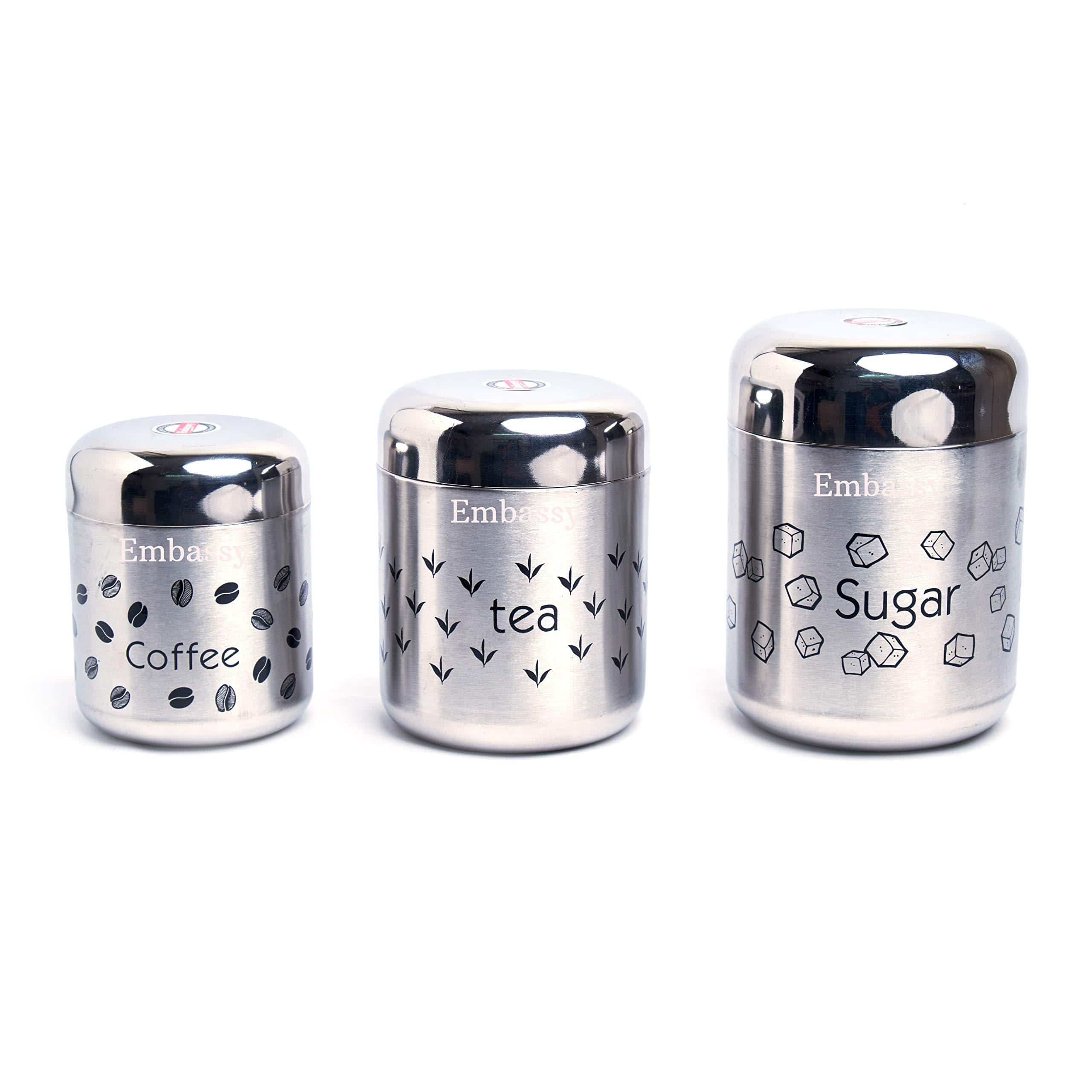 Embassy Stainless Steel Vintage Tea Coffee Sugar Canisters, Set of 3;  Approximate Capacity: Tea 700 ml, Coffee 500 ml, Sugar 900 ml