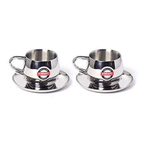 Embassy Tea Cup and Saucer, Stainless Steel, Pack of 2, 100 ml/Cup - KITCHEN MART