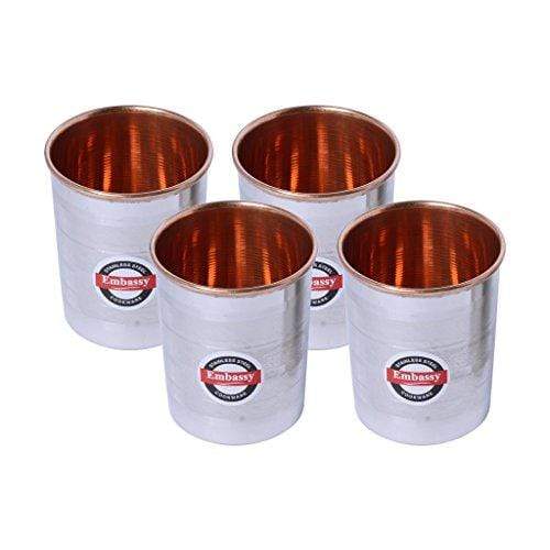 Embassy Water Glasses, Copper Interior and Stainless Steel Exterior, Pack of 4, 200 ml / Glass - KITCHEN MART