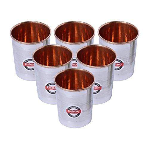 Embassy Water Glasses, Copper Interior and Stainless Steel Exterior, Pack of 6, 200 ml / Glass - KITCHEN MART