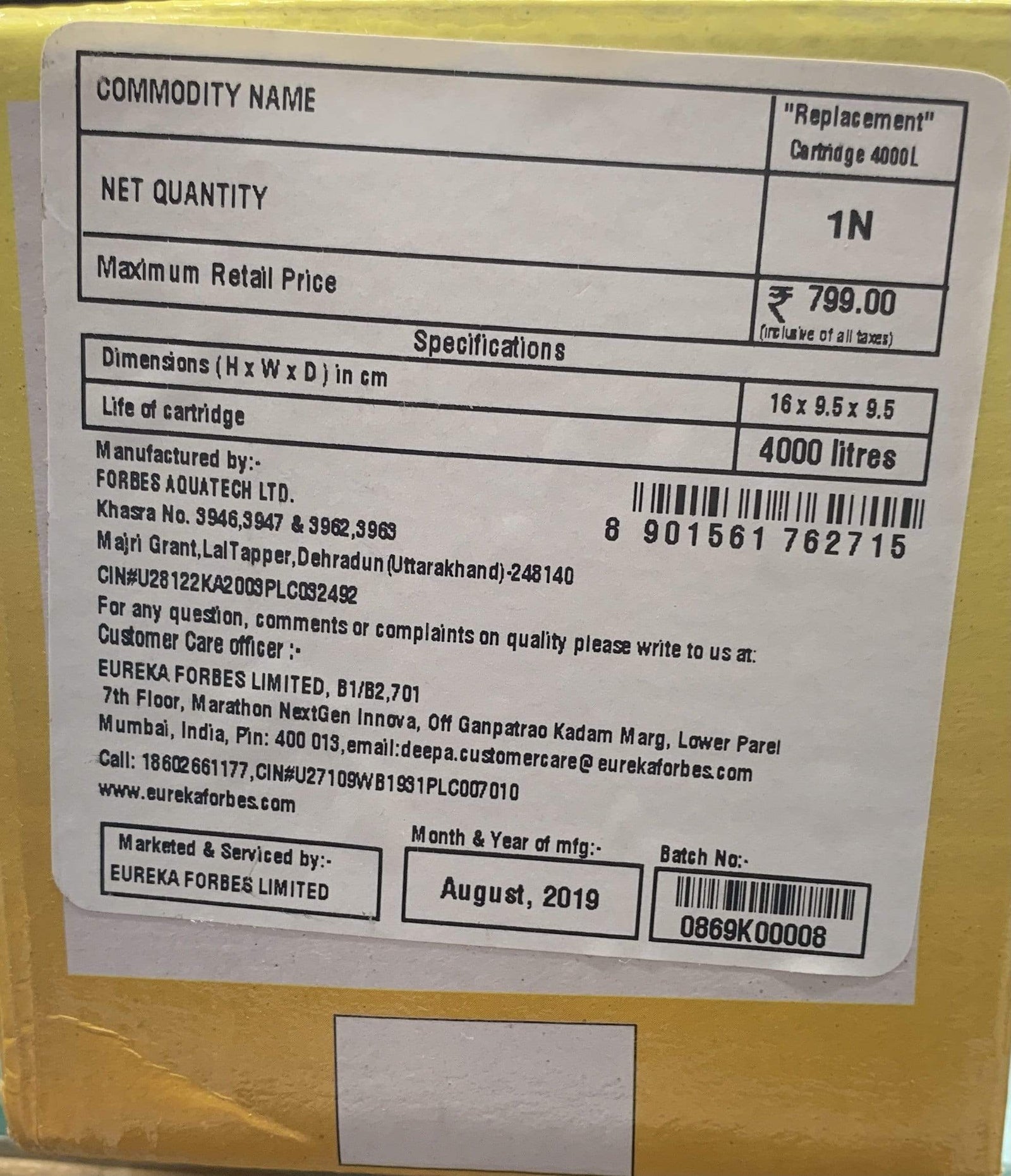 Eureka Forbes Aquasure 4000 litres Cartridge (Common for Xtra Tuff/Maxima/Shakti/Aayush) - KITCHEN MART