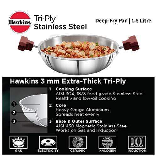Hawkins Tri-ply Stainless Steel Deep-Fry Pan, 1.5 Litre - KITCHEN MART