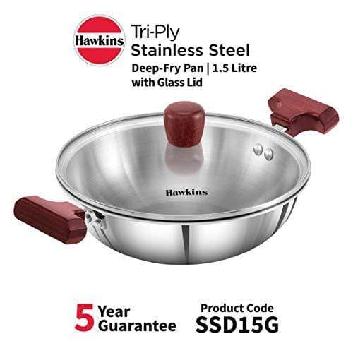 HAWKINS Tri-ply Stainless Steel Deep-Fry Pan 1.5 Litre with Glass Lid - KITCHEN MART