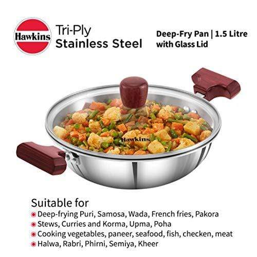 HAWKINS Tri-ply Stainless Steel Deep-Fry Pan 1.5 Litre with Glass Lid - KITCHEN MART