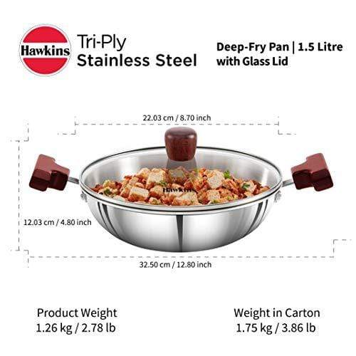 HAWKINS Tri-ply Stainless Steel Deep-Fry Pan 1.5 Litre with Glass Lid - KITCHEN MART