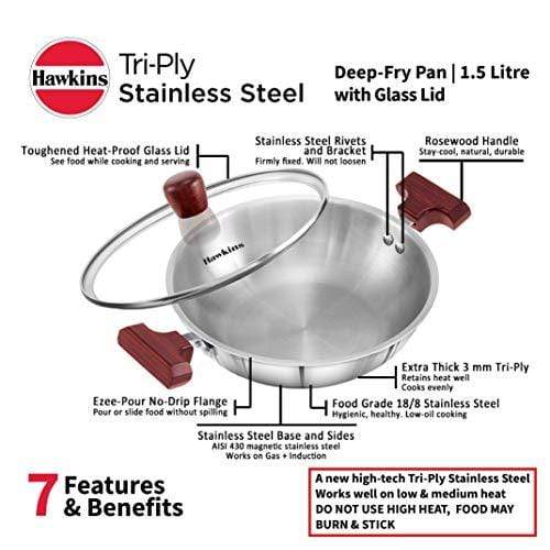 HAWKINS Tri-ply Stainless Steel Deep-Fry Pan 1.5 Litre with Glass Lid - KITCHEN MART