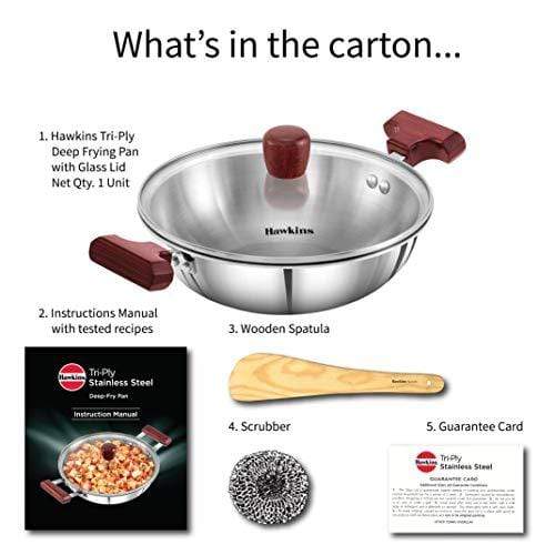 HAWKINS Tri-ply Stainless Steel Deep-Fry Pan 1.5 Litre with Glass Lid - KITCHEN MART