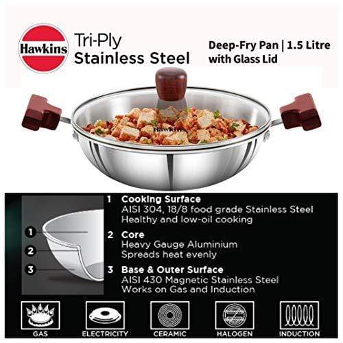 HAWKINS Tri-ply Stainless Steel Deep-Fry Pan 1.5 Litre with Glass Lid - KITCHEN MART