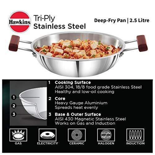 Hawkins Tri-ply Stainless Steel Deep-Fry Pan 2.5 Litre - KITCHEN MART