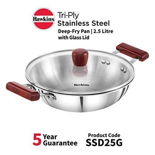 Hawkins Tri-ply Stainless Steel Deep-Fry Pan 2.5 Litre with Glass Lid - KITCHEN MART