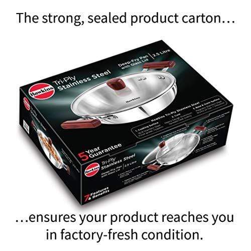 Hawkins Tri-ply Stainless Steel Deep-Fry Pan 2.5 Litre with Glass Lid - KITCHEN MART