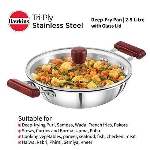 Hawkins Tri-ply Stainless Steel Deep-Fry Pan 2.5 Litre with Glass Lid - KITCHEN MART