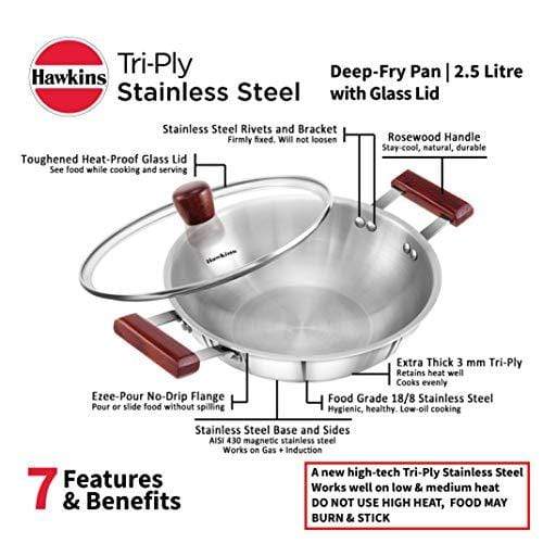 Hawkins Tri-ply Stainless Steel Deep-Fry Pan 2.5 Litre with Glass Lid - KITCHEN MART