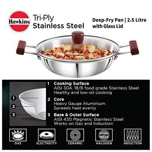 Hawkins Tri-ply Stainless Steel Deep-Fry Pan 2.5 Litre with Glass Lid - KITCHEN MART
