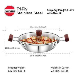 Hawkins Tri-ply Stainless Steel Deep-Fry Pan 2.5 Litre with Glass Lid - KITCHEN MART