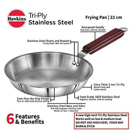HAWKINS Tri-ply Stainless Steel Frying Pan, 22 cm - KITCHEN MART