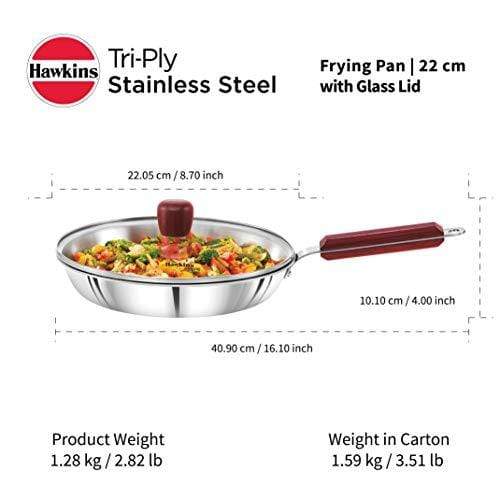 HAWKINS Tri-ply Stainless Steel Frying Pan 22 cm with Glass Lid - KITCHEN MART