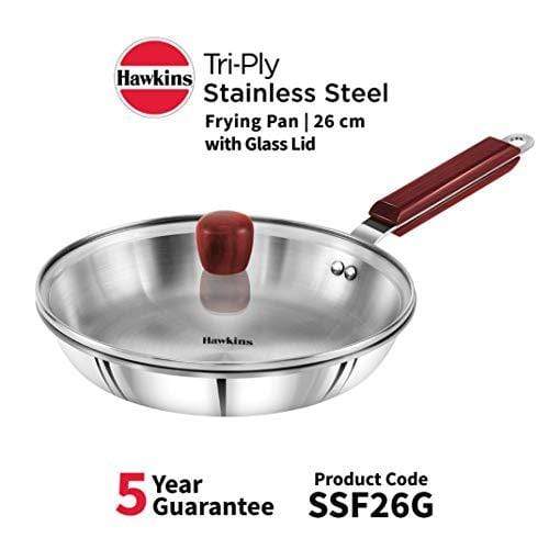 Hawkins Tri-ply Stainless Steel Frying Pan 26 cm with Glass Lid - KITCHEN MART