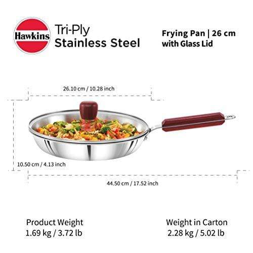 Hawkins Tri-ply Stainless Steel Frying Pan 26 cm with Glass Lid - KITCHEN MART