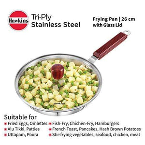 Hawkins Tri-ply Stainless Steel Frying Pan 26 cm with Glass Lid - KITCHEN MART