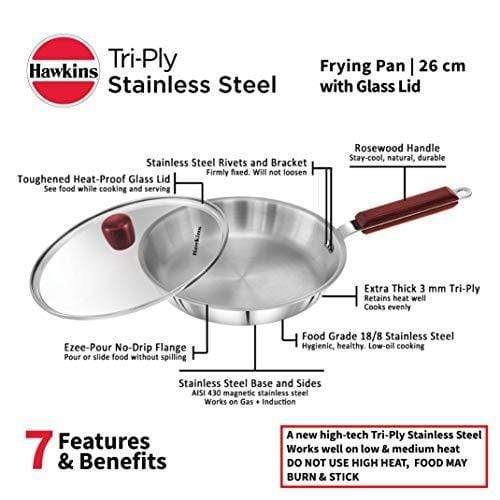 Hawkins Tri-ply Stainless Steel Frying Pan 26 cm with Glass Lid - KITCHEN MART
