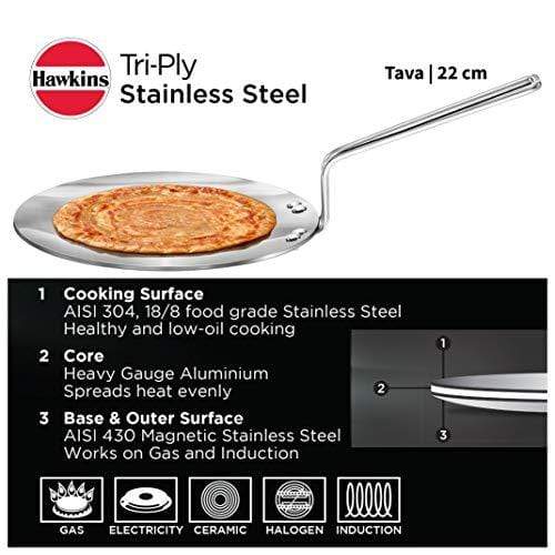 Hawkins Triply 3 mm Stainless Steel Tawa 22 cm, Silver - KITCHEN MART