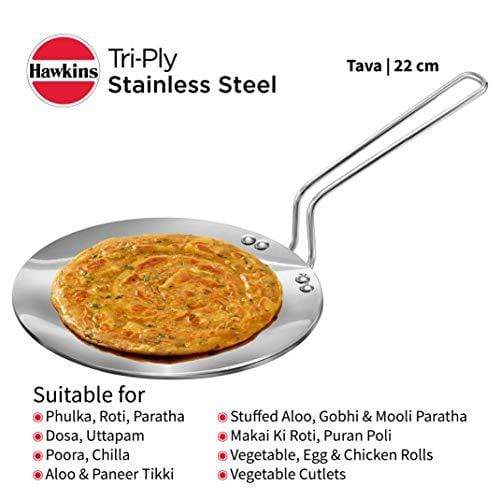 Hawkins Triply 3 mm Stainless Steel Tawa 22 cm, Silver - KITCHEN MART