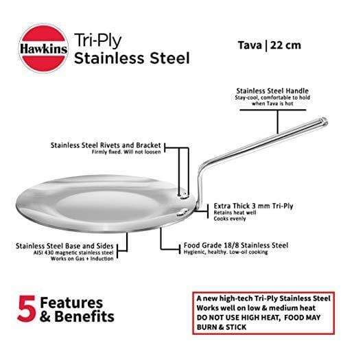 Hawkins Triply 3 mm Stainless Steel Tawa 22 cm, Silver - KITCHEN MART