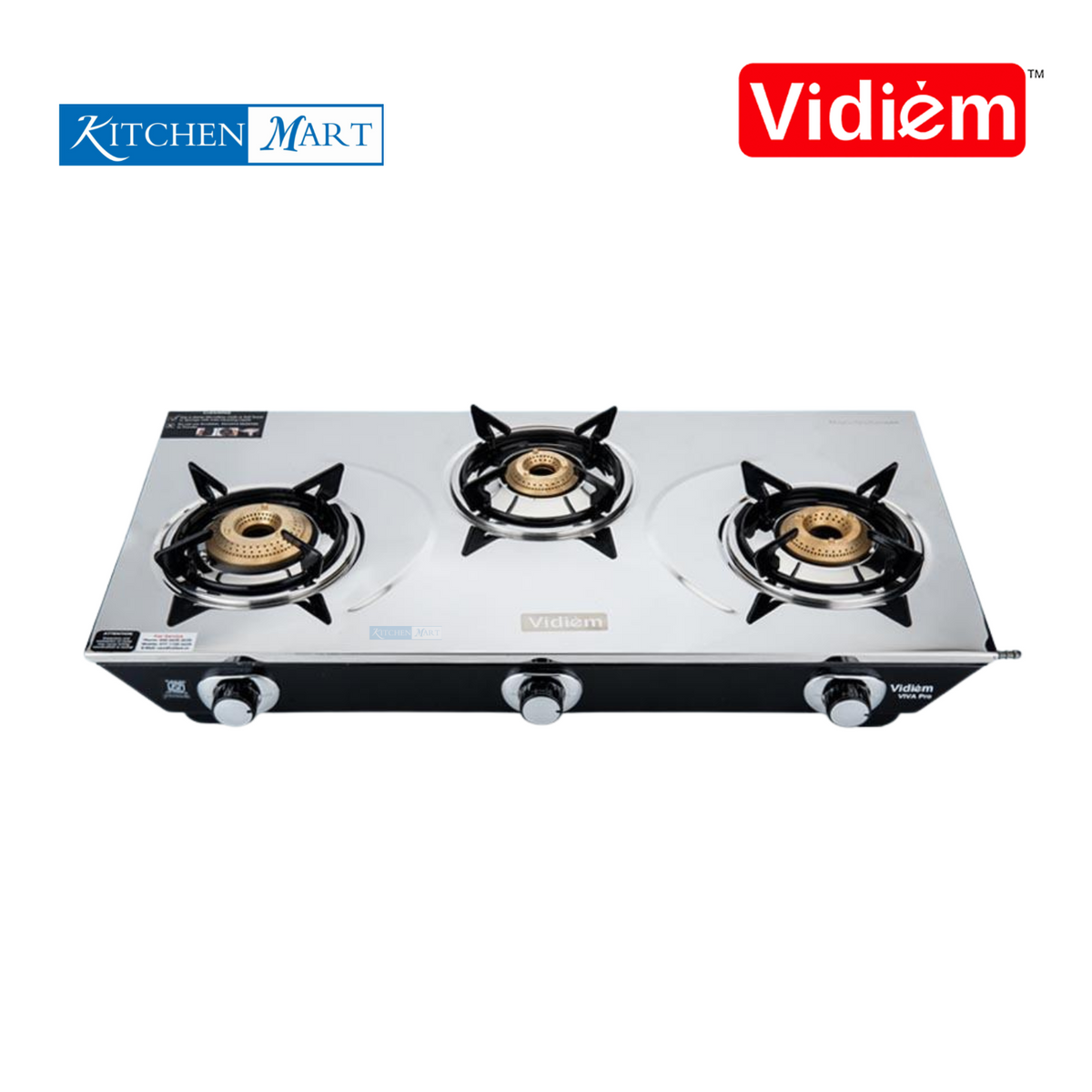 Vidiem GS S3 179 A Viva 3 Burner Stainless Steel Gas Stove, Black, Manual