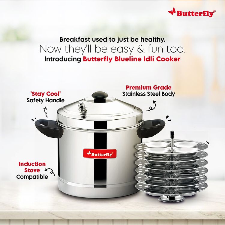 Butterfly Idli Cooker Set with 6 Plates, 8 Piece, Silver - KITCHEN MART