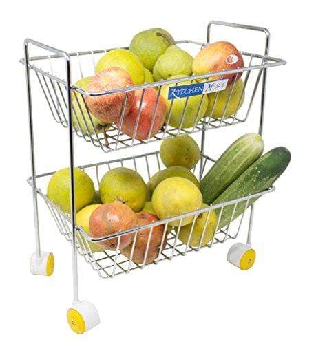 Kitchen Mart Fruit &amp; Vegetable Trolley with Wheels, Rectangle, 2-Tier, Stainless Steel (Multipurpose Kitchen Storage Rack / Shelf) - KITCHEN MART