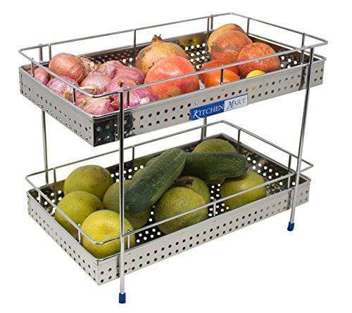 Kitchen Mart Fruit &amp; Vegetable Trolley with / without Wheels, Rectangle, 2-Tier, Perfo Model, Stainless Steel (Multipurpose Kitchen Storage Rack / Shelf) - KITCHEN MART