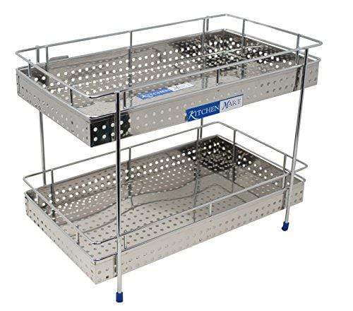 Kitchen Mart Fruit & Vegetable Trolley with / without Wheels, Rectangle, 2-Tier, Perfo Model, Stainless Steel (Multipurpose Kitchen Storage Rack / Shelf) - KITCHEN MART
