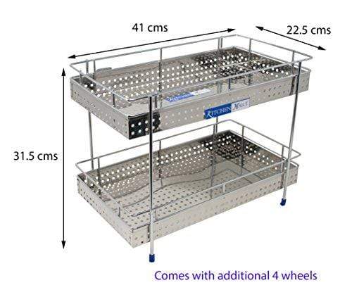 Kitchen Mart Fruit & Vegetable Trolley with / without Wheels, Rectangle, 2-Tier, Perfo Model, Stainless Steel (Multipurpose Kitchen Storage Rack / Shelf) - KITCHEN MART