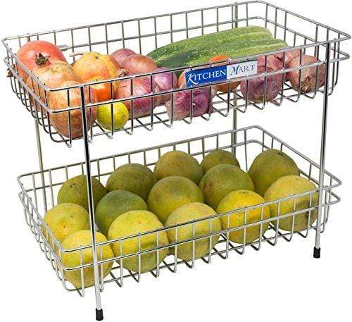 Kitchen Mart Fruit &amp; Vegetable Trolley with / without Wheels, Rectangle, 2-Tier, Stainless Steel (Multipurpose Kitchen Storage Rack / Shelf) - KITCHEN MART