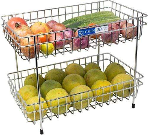 Kitchen Mart Fruit & Vegetable Trolley with / without Wheels, Rectangle, 2-Tier, Stainless Steel (Multipurpose Kitchen Storage Rack / Shelf) - KITCHEN MART