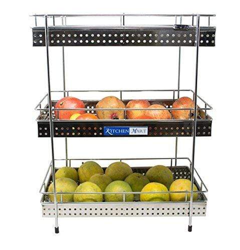 Kitchen Mart Fruit &amp; Vegetable Trolley with / without Wheels, Rectangle, 3-Tier, Perfo Model, Stainless Steel (Multipurpose Kitchen Storage Rack / Shelf) - KITCHEN MART
