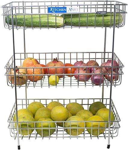 Kitchen Mart Fruit &amp; Vegetable Trolley with / without Wheels, Rectangle, 3-Tier, Stainless Steel (Multipurpose Kitchen Storage Rack / Shelf) - KITCHEN MART